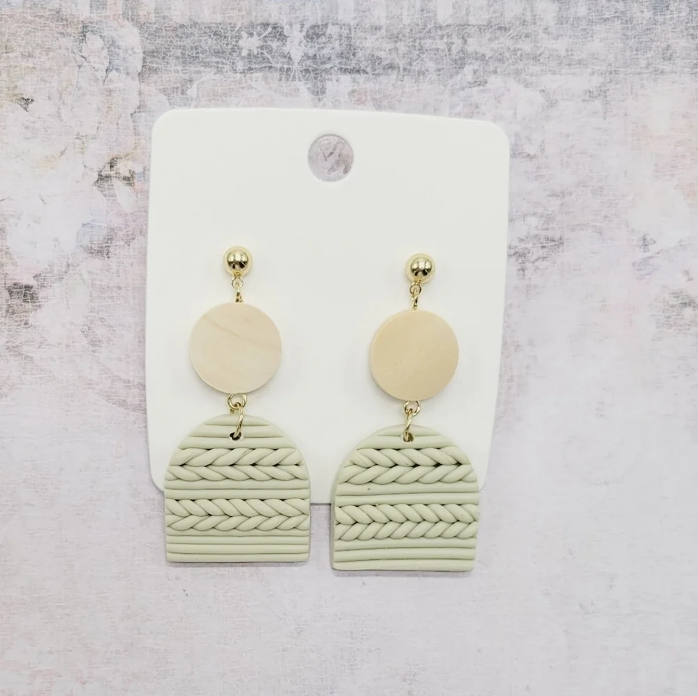 Boho green and‎ cream color Geometric drop medium size earrings